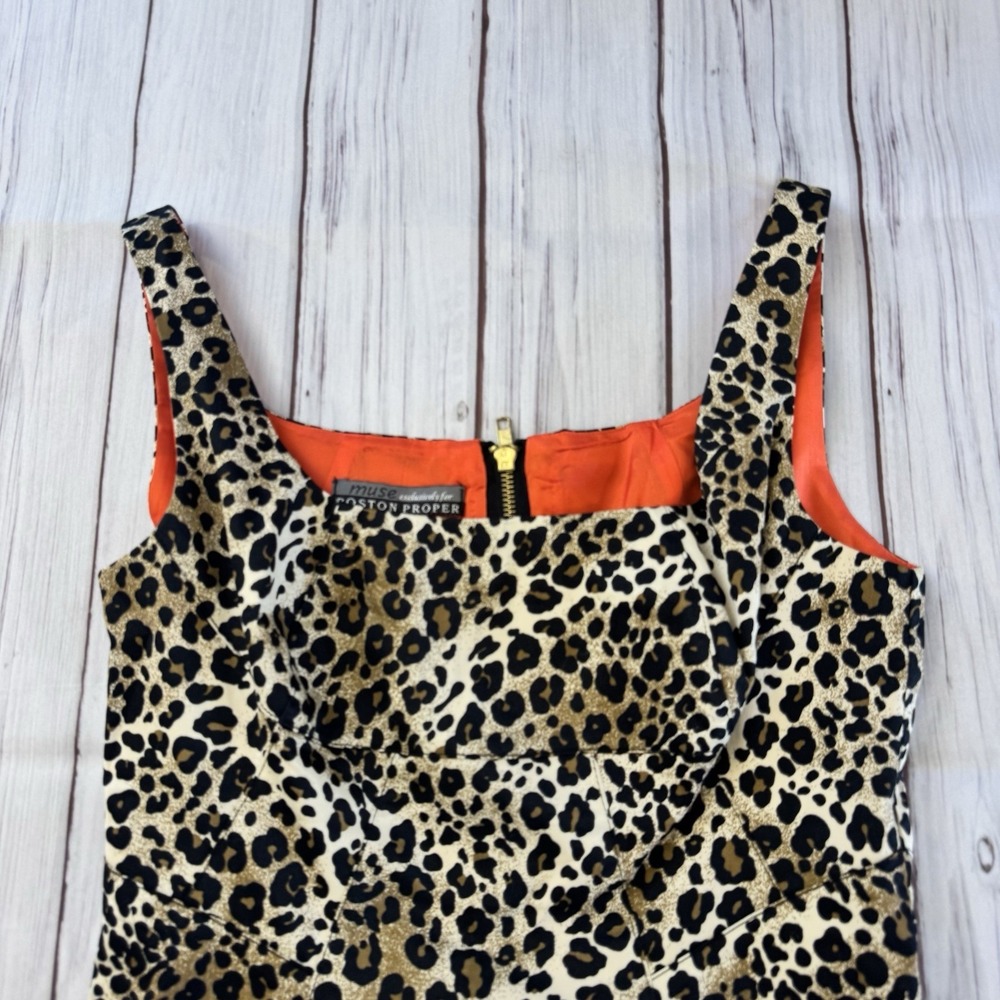 Boston Proper Leopard Print Sheath Dress with Orange Lining - Picture 2 of 10
